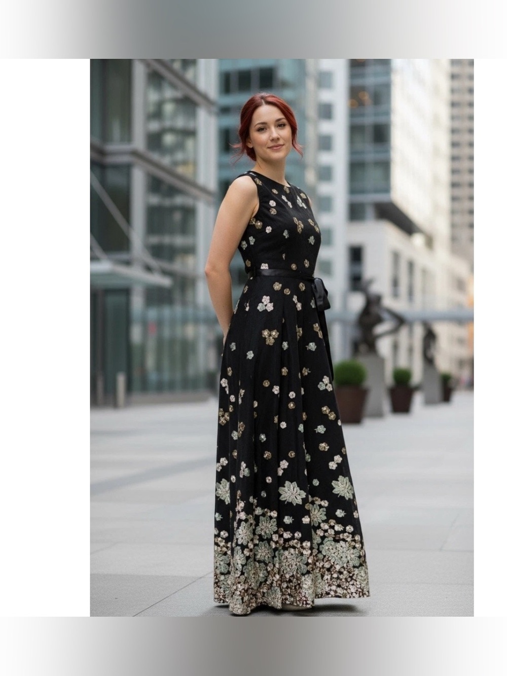 Tahari ALS Black Floral Embroidered Maxi Dress Size 14 Formal Evening Gown Prom